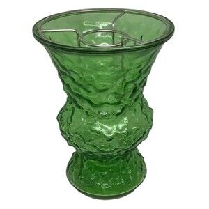 Green Crinkle Glass Vase Metal EO Brody Co Frog Stand Flowers Cleveland Ohio Vtg